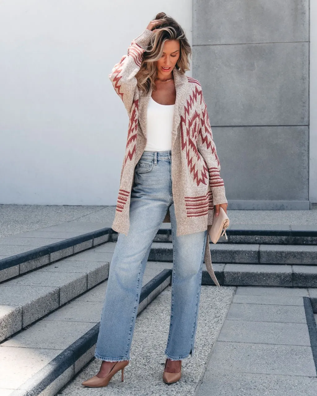 Taupe Aztec Belted Cardigan