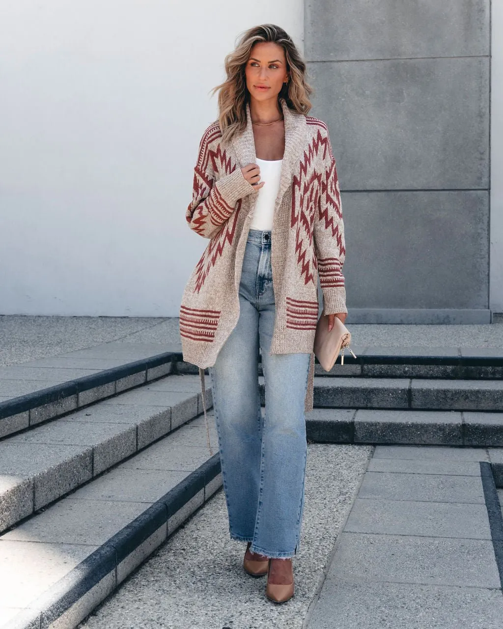 Taupe Aztec Belted Cardigan