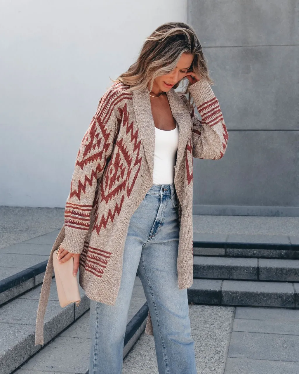 Taupe Aztec Belted Cardigan