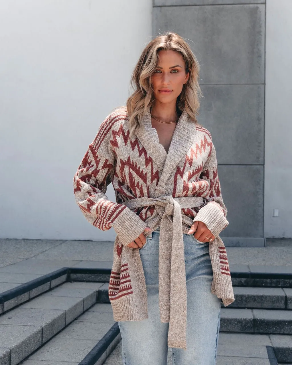 Taupe Aztec Belted Cardigan