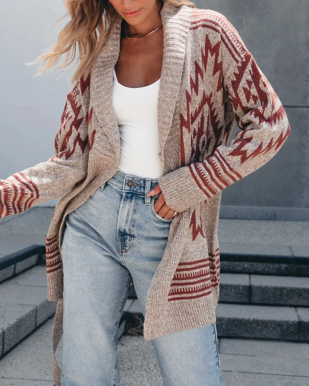 Taupe Aztec Belted Cardigan