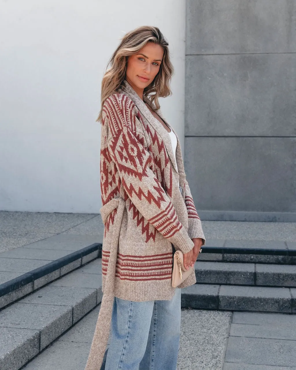 Taupe Aztec Belted Cardigan