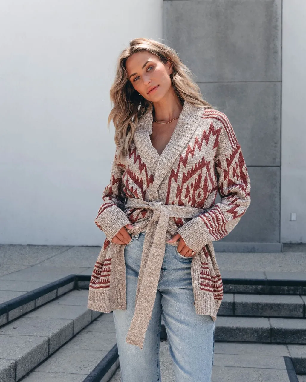 Taupe Aztec Belted Cardigan