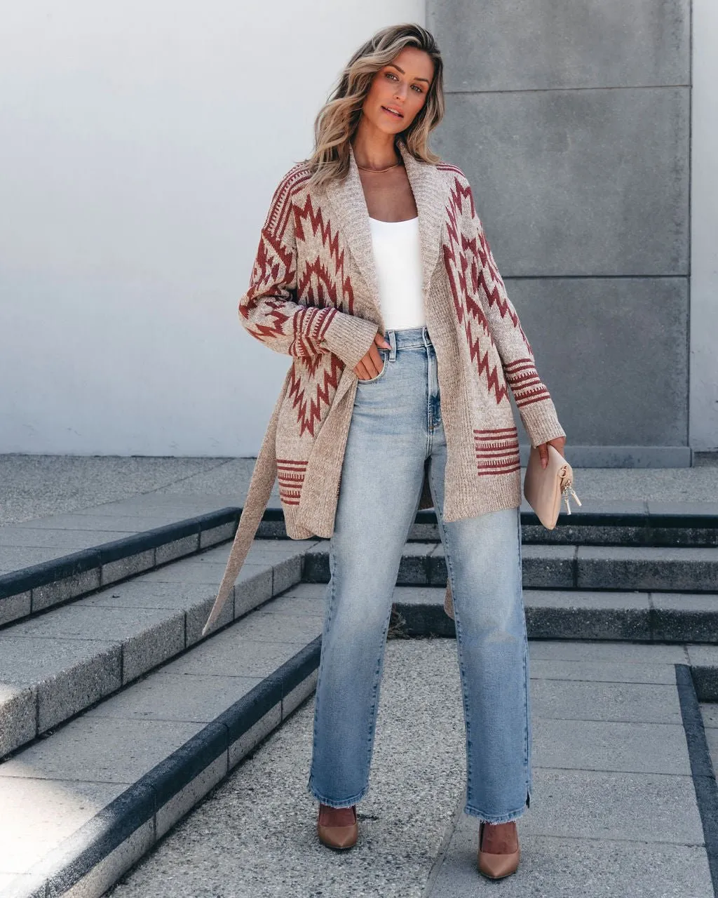 Taupe Aztec Belted Cardigan