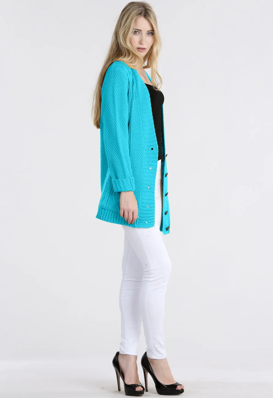 Turquoise Chunky Cable Knit Pocket Cardigan