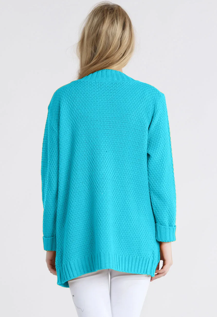 Turquoise Chunky Cable Knit Pocket Cardigan