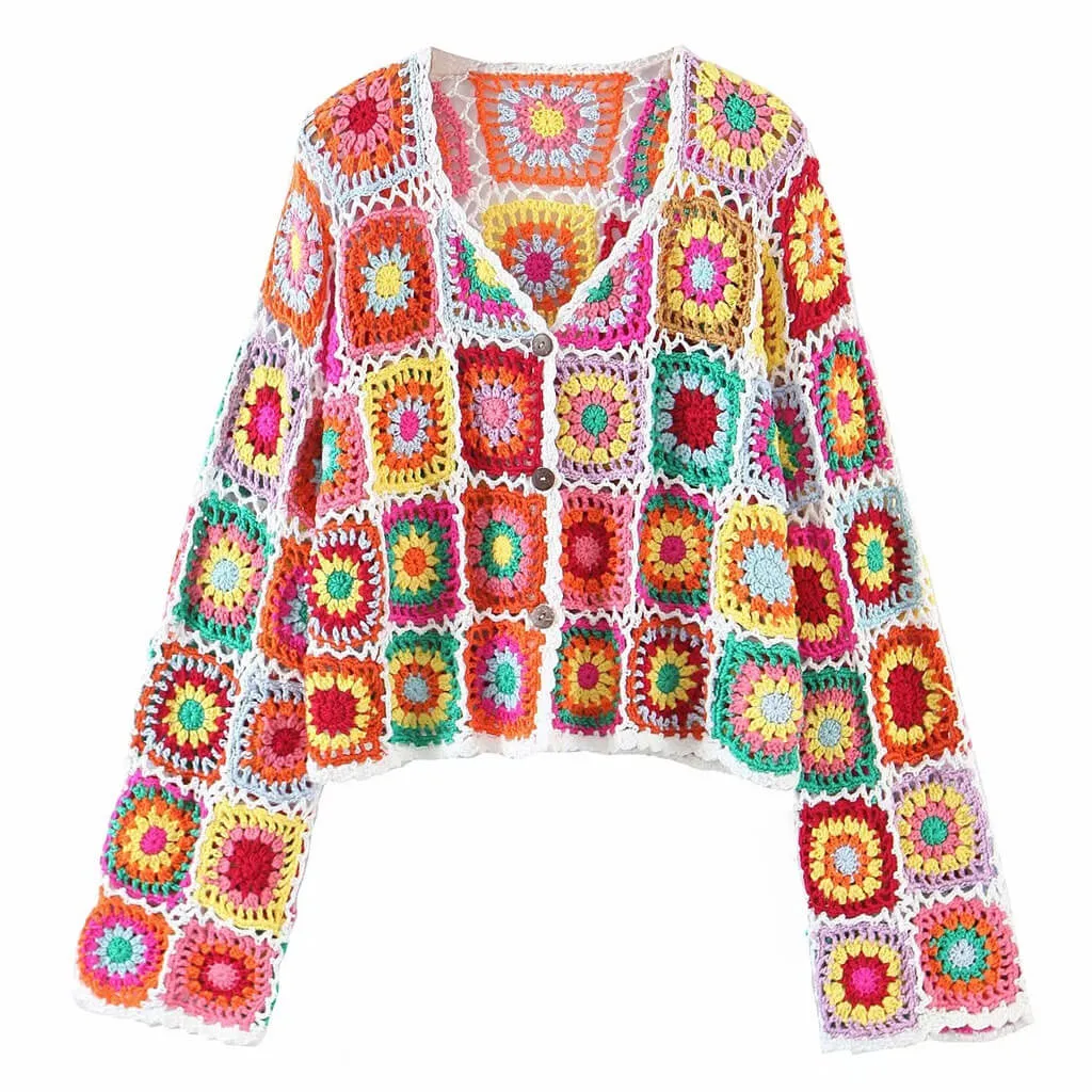 Vibrant Scalloped Button Down Floral Granny Square Crochet Knit Cardigan - Multicolor