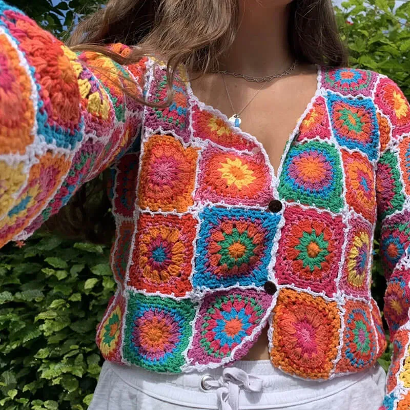 Vibrant Scalloped Button Down Floral Granny Square Crochet Knit Cardigan - Multicolor