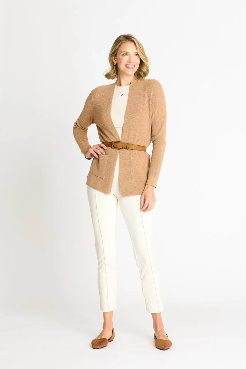 Waffle Stitch Cardigan Sweater with Pocket, Caramel Heather