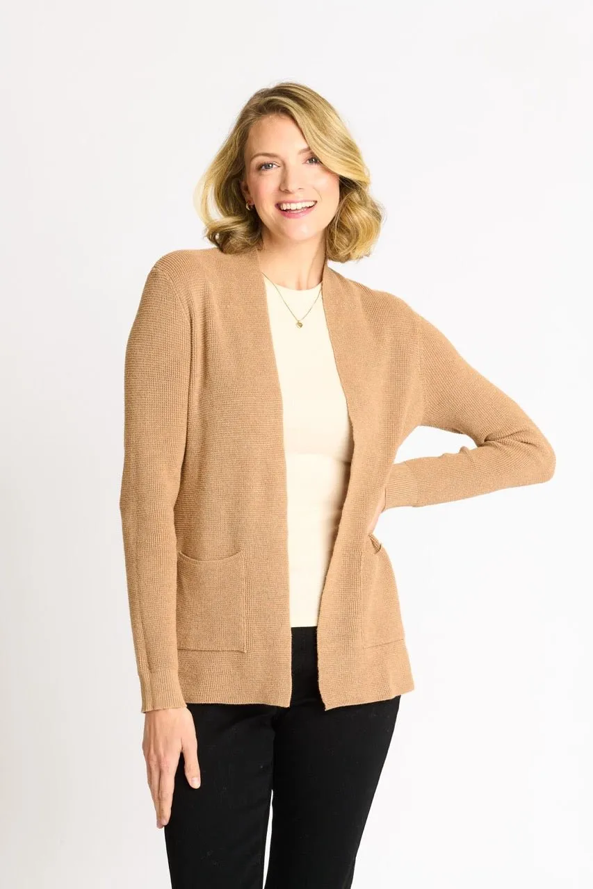 Waffle Stitch Cardigan Sweater with Pocket, Caramel Heather