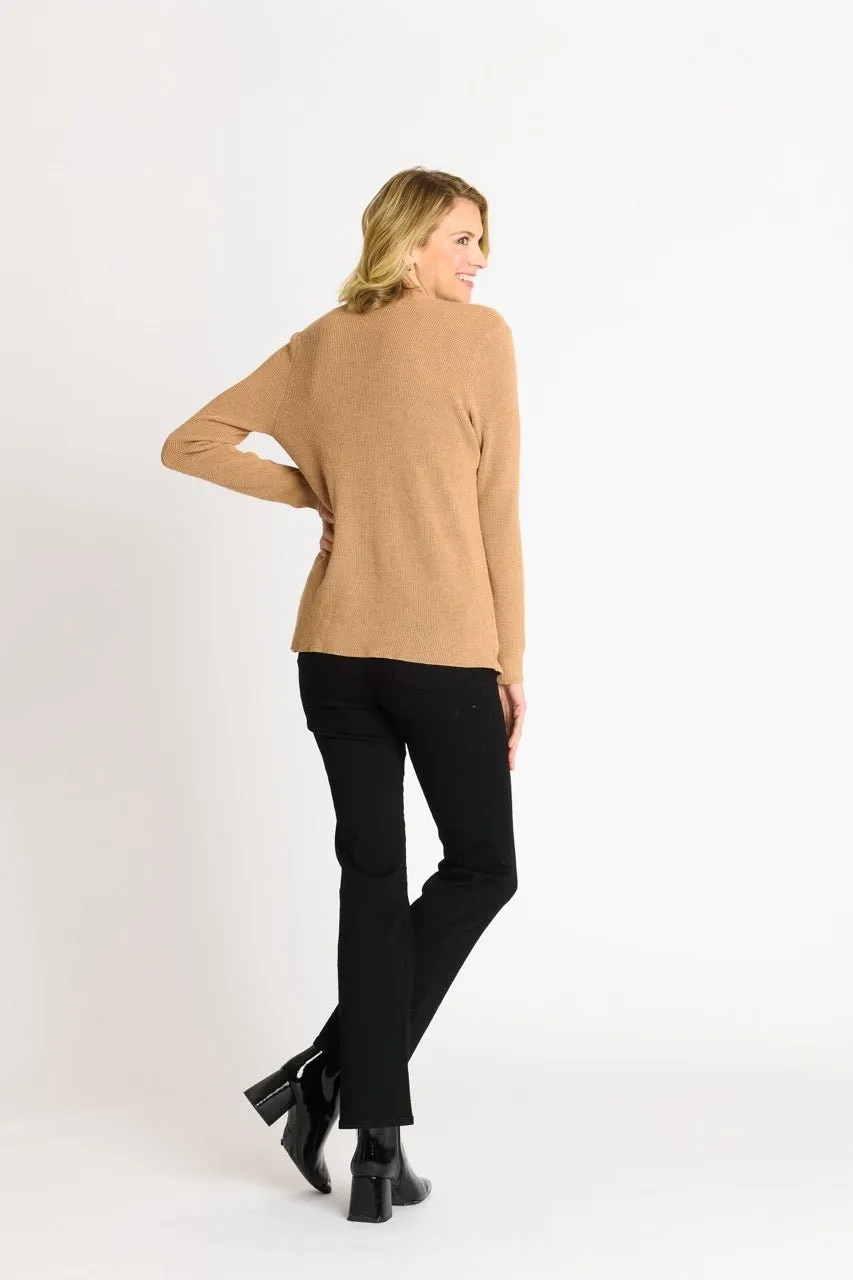 Waffle Stitch Cardigan Sweater with Pocket, Caramel Heather