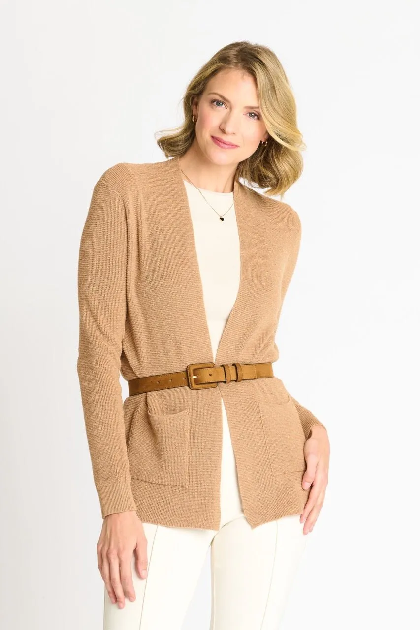 Waffle Stitch Cardigan Sweater with Pocket, Caramel Heather