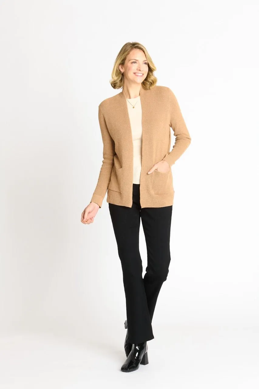 Waffle Stitch Cardigan Sweater with Pocket, Caramel Heather