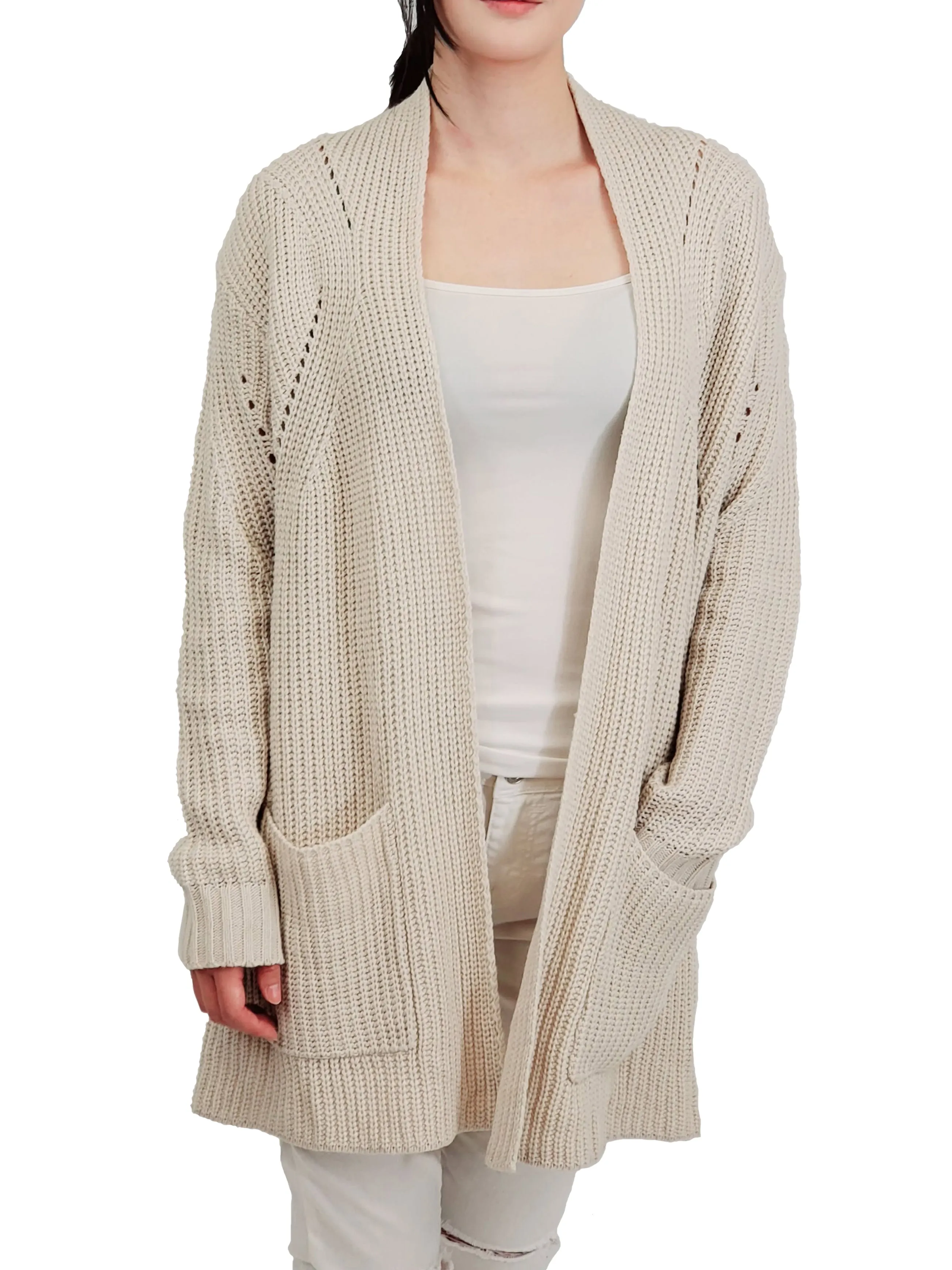 Women's Stylish Drape Long Sleeve Sweater Cardigan Jacket with Two Pockets HK8189