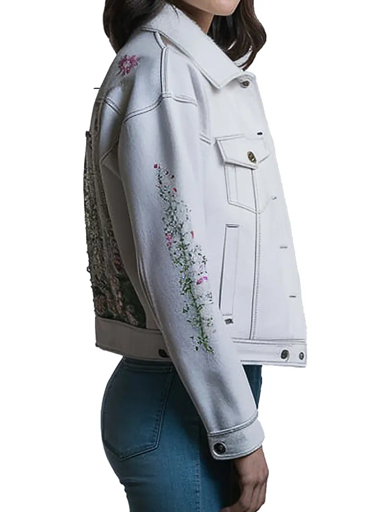 Women's White Denim Jacket With Floral Embroidery